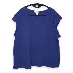Three Dots Cotton Double Gauze Cap Sleeve V Neck Dusty Blue Top Women Size Large